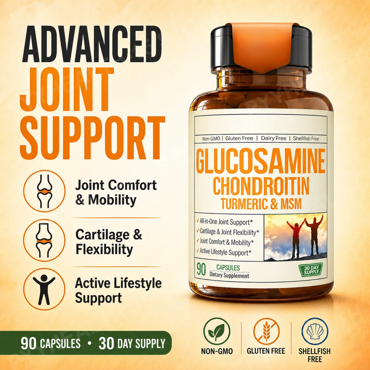 Glucosamine Chondroitin Turmeric MSM Boswellia Capsules 90 Count Joint Support Non-GMO Gluten Free Daily Wellness Supplement