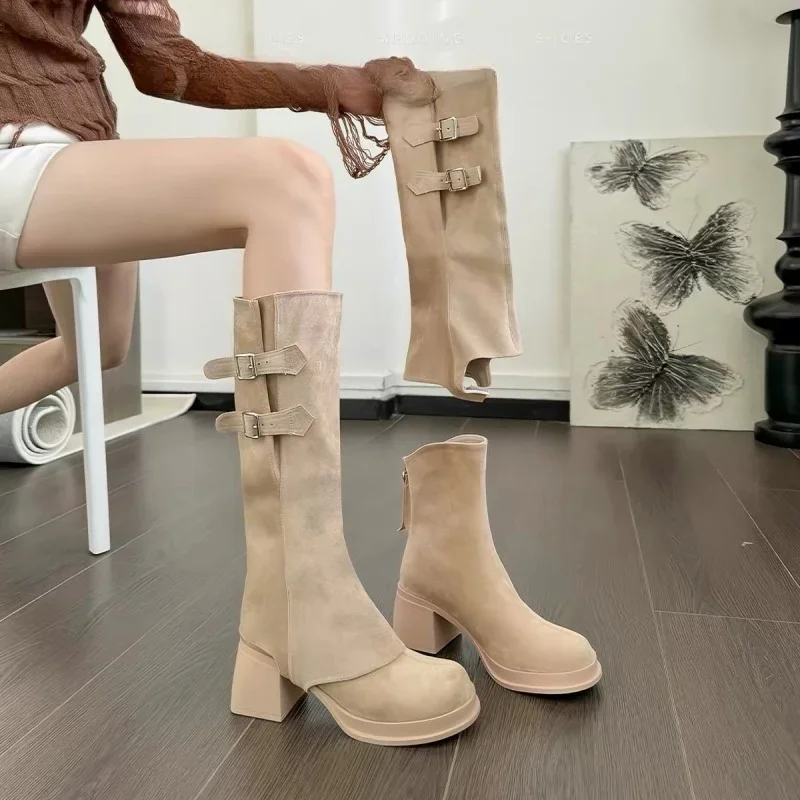 Detachable Two-Way Women's Short Boots Long Tube Boots 2025 New Autumn Winter Thick Heel Velvet Surface Slim Booties
