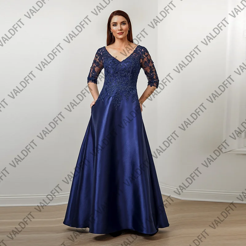 Customized Long Arabic A Line Blue Satin Mother of the Bride Dresses for Weddings Party Dress Robes Invitee Mariage