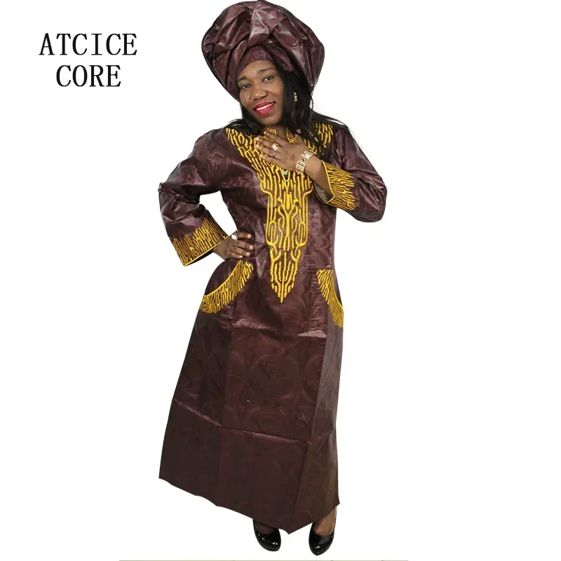 African Dresses For Women Fashion Design New African Bazin Embroidery Design Dress Long Dress With Pocket With Scarf