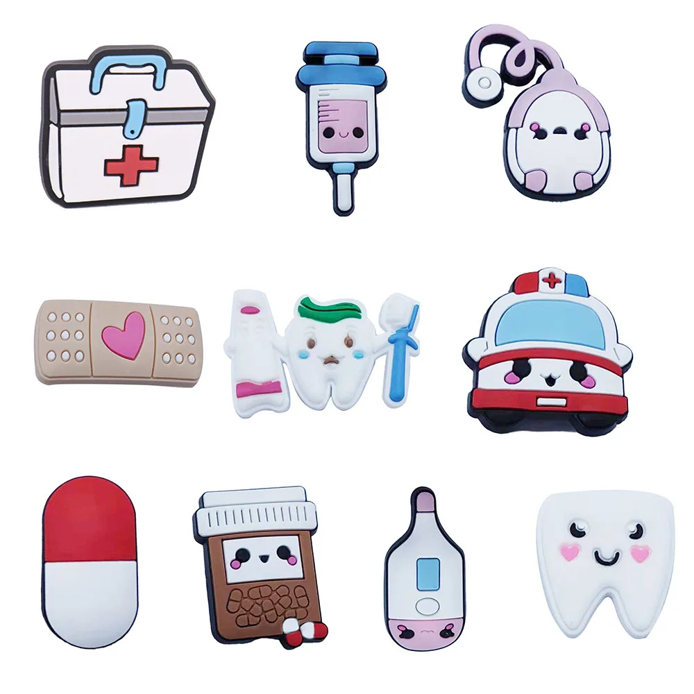 Hot Sale 1pcs Shoe Charms Ambulance Stethoscopes Pills PVC Cute Garden Shoes Buckle Decorations Fit Kids X-mas Gift