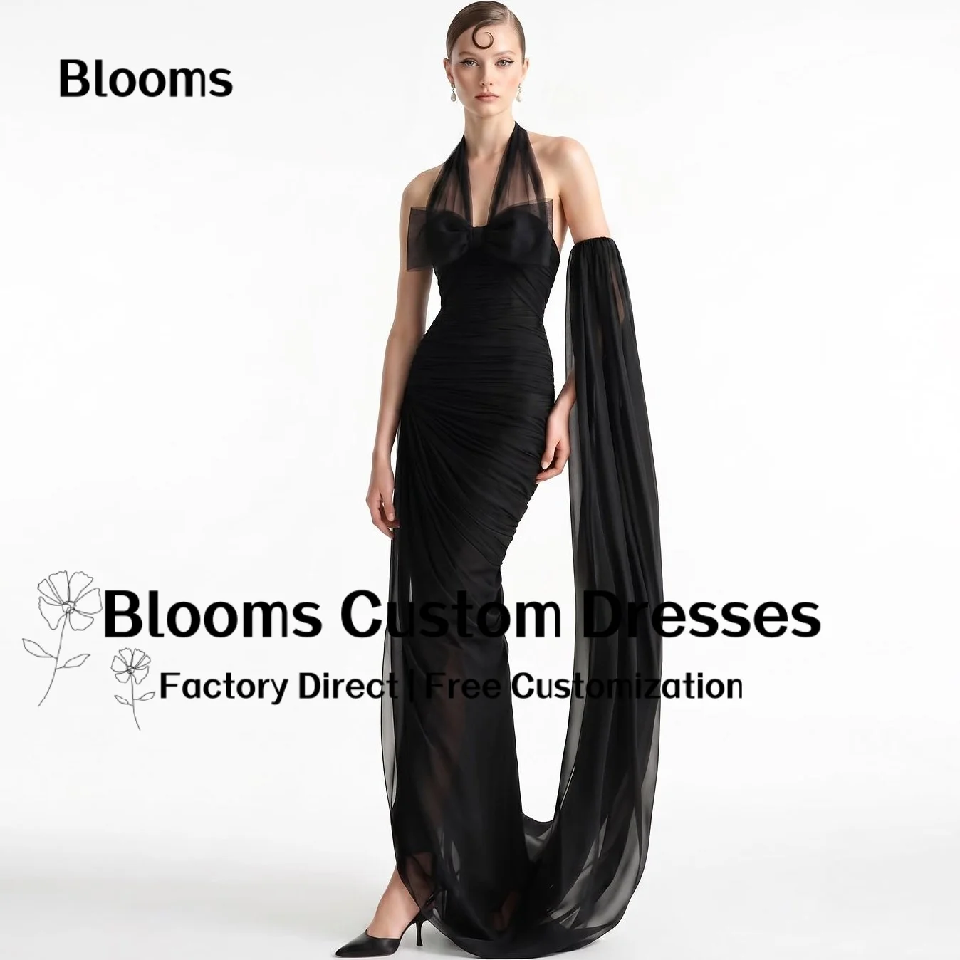 Customized Black Halter Formal Evening Dress Big Bow Ruched Tulle Mermaid With Flowing Sleeve Elegant Party Dress For Prom