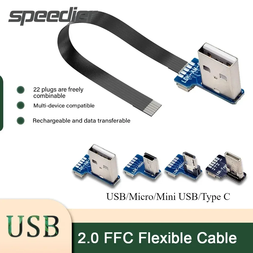 DIY USB 2,0 datos Micro tipo C Mini codo conectores Usb para teléfono ordenador cardán cámara Monitor plano Flexible Cable cargador FFC