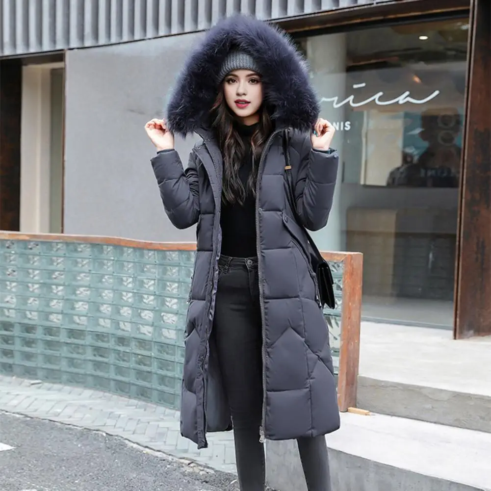 Slim Waist Winter Women Jacket Furry Hood Pockets Zipper Button Closure Cotton Coat Knee Length Mid Length Windproof Warm Coat