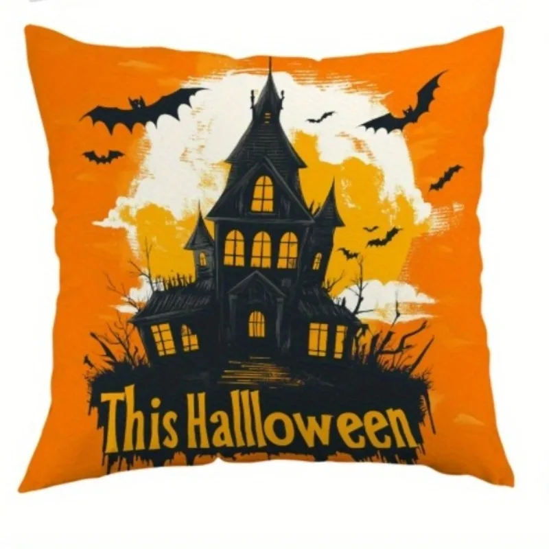 New Halloween Pillowcase Trick or Treat Pillowcase Skeleton Ghost Spooky Gothic Castle Cushion Cover Creative Cartoon
