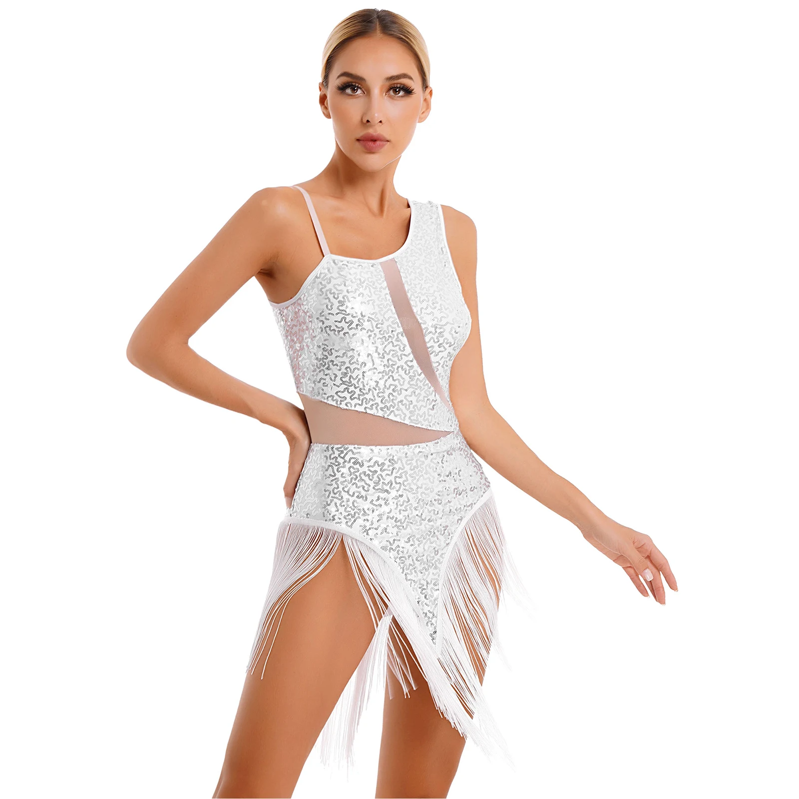 Senhora vestido de dança latina samba rumba cha-cha tango desempenho dancewear lantejoulas brilhantes sem costas borlas sheer malha collant saia