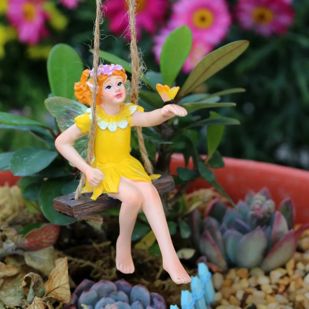 Garden Micro Landscape Swing Flower Fairy Miniature Figurine Garden Decoration Resin Handicraft Decoration Pendant Bonsai Statue