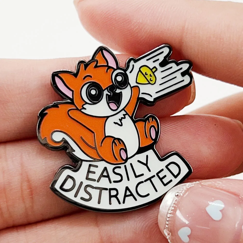 Kawaii Squirrel And Pine Nut Badge Easily Distracted Brooch Neurodivergent ADHD Pin Mental Health Animal Jewelry Gift