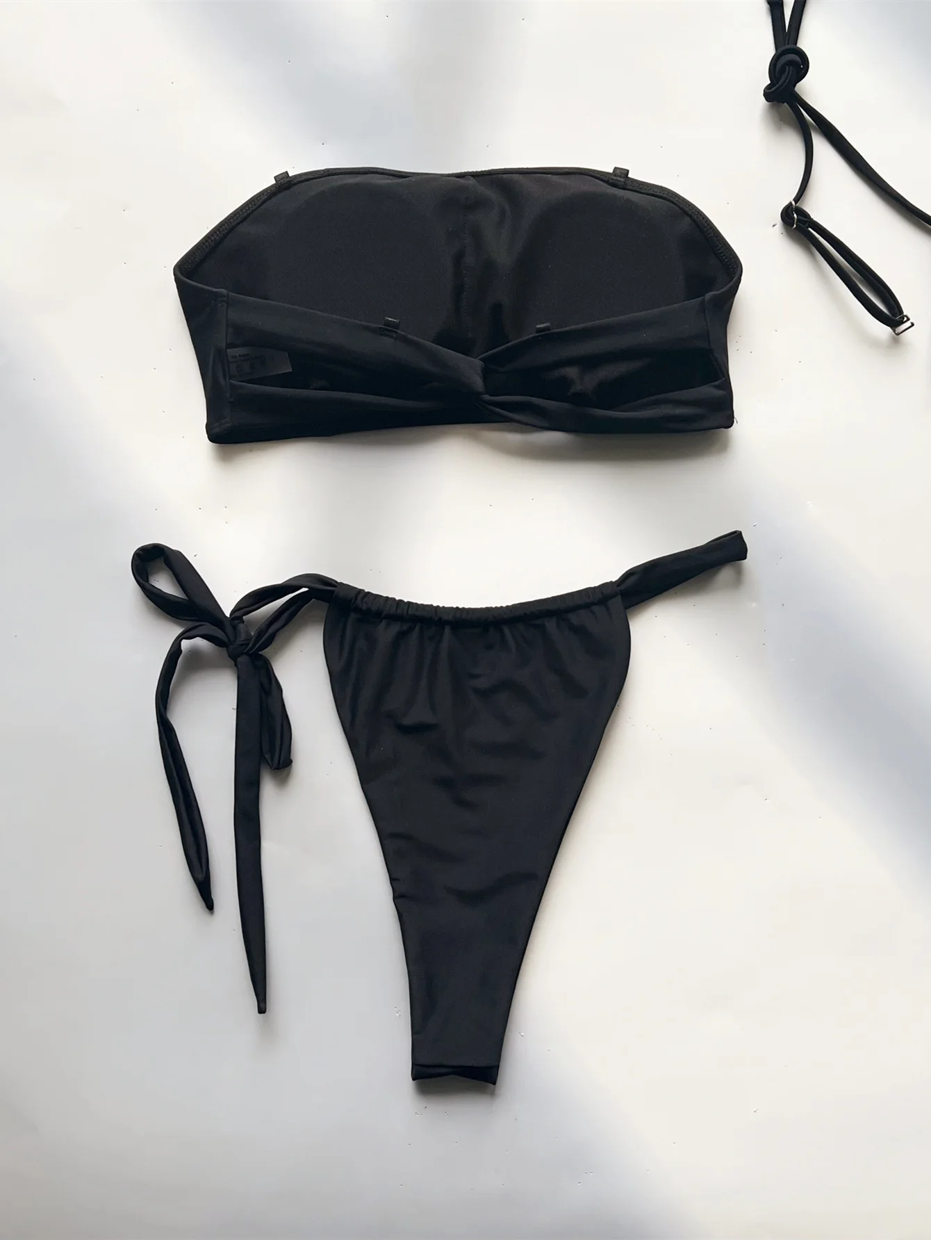 2025 Solid Color Black 2 Piece Swimsuit for Women Low Waist Thong Bikini Set Strapless Backless Beach Bathing Suit Summer New