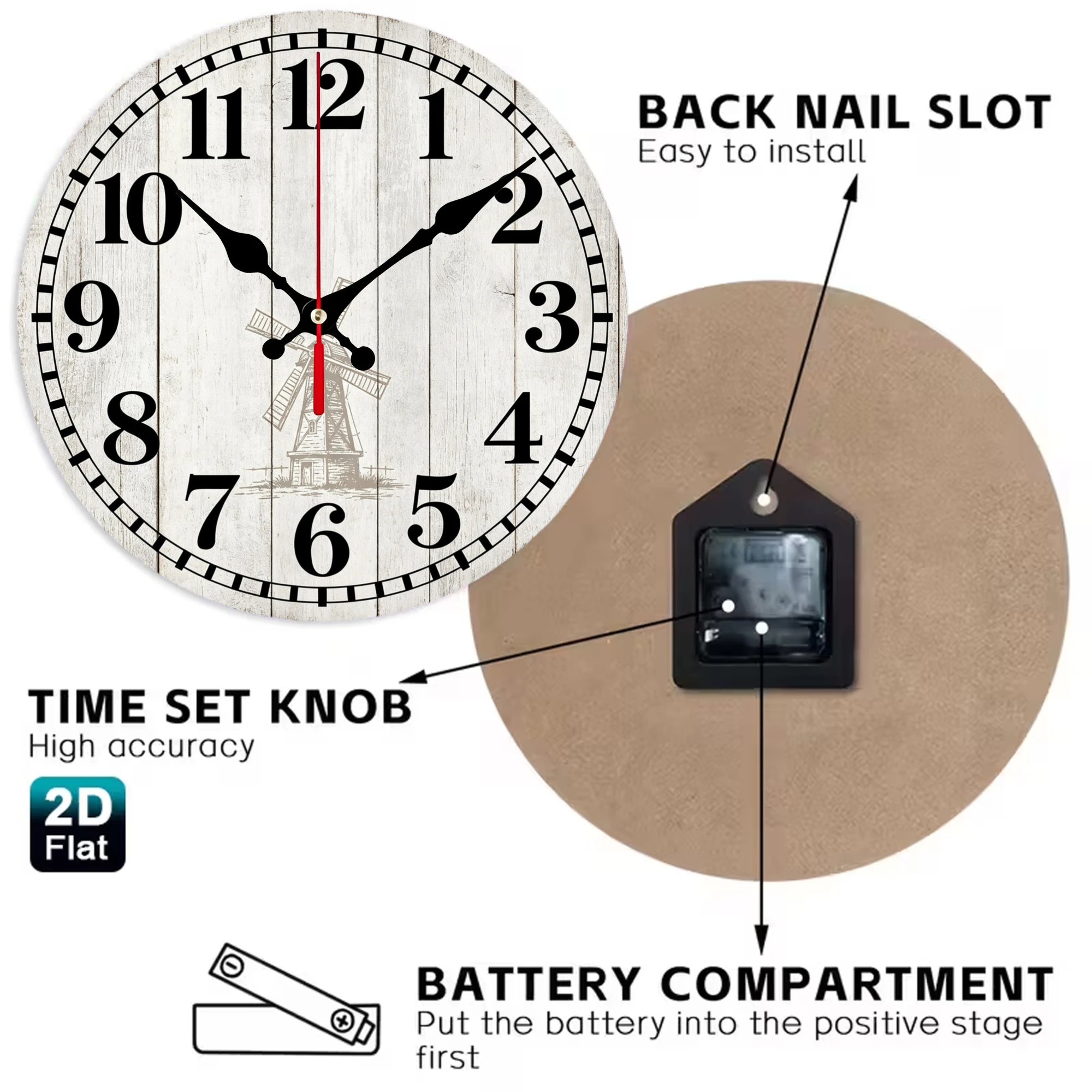 Farmhouse Windmill Wooden Wall Clock, Silent Non Ticking Quartz Movement, 10/12 Inch Round Wood Clock for Home Decor, Living Room Bedroom Wall Decoration