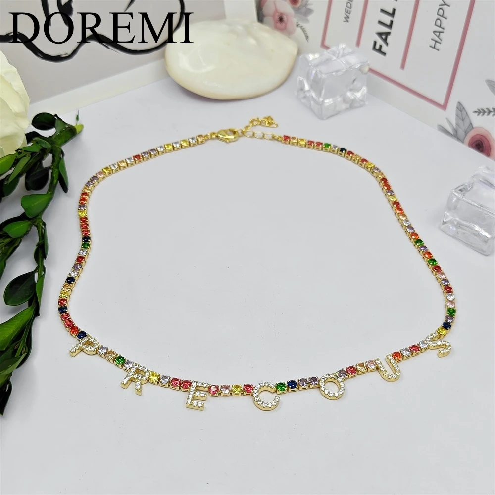 DOREMI 9mm Crystal Letter Women Necklace Coloful Zircon Tennis Chain 3mm Color Zircon Chain Name Necklace for Girls Gift Jewelry
