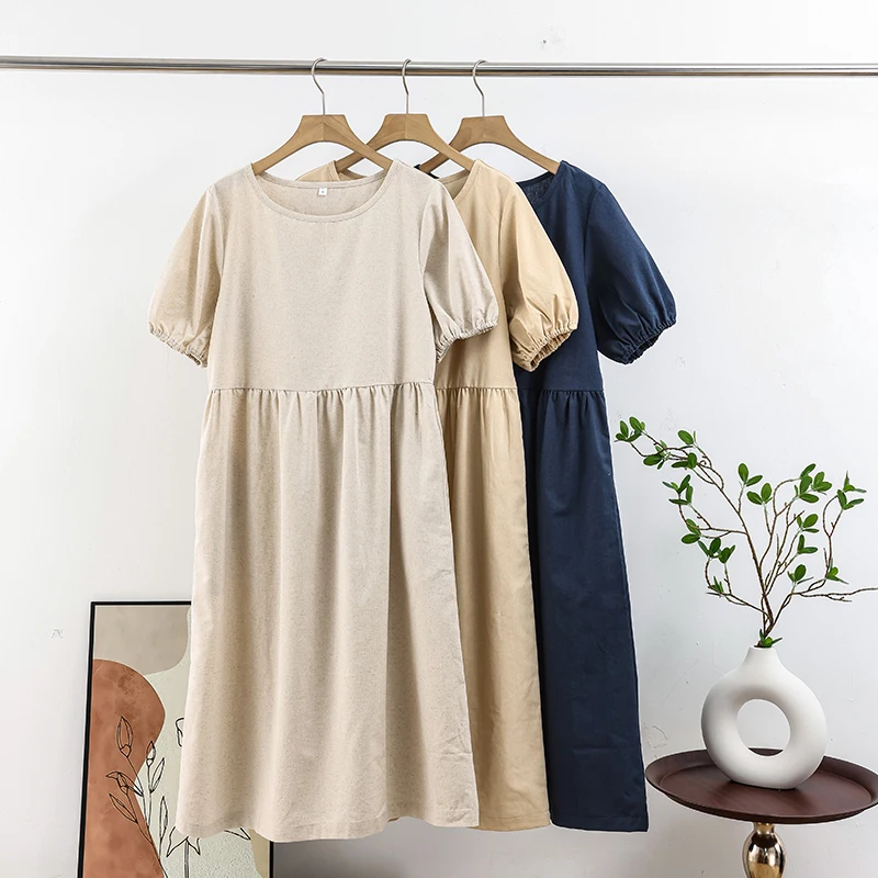 Casual Cotton Linen Dress Vintage Round Neck Short Sleeve High Waist Summer Dress Hoilday Beach Sundress Women Vestidos De Mujer