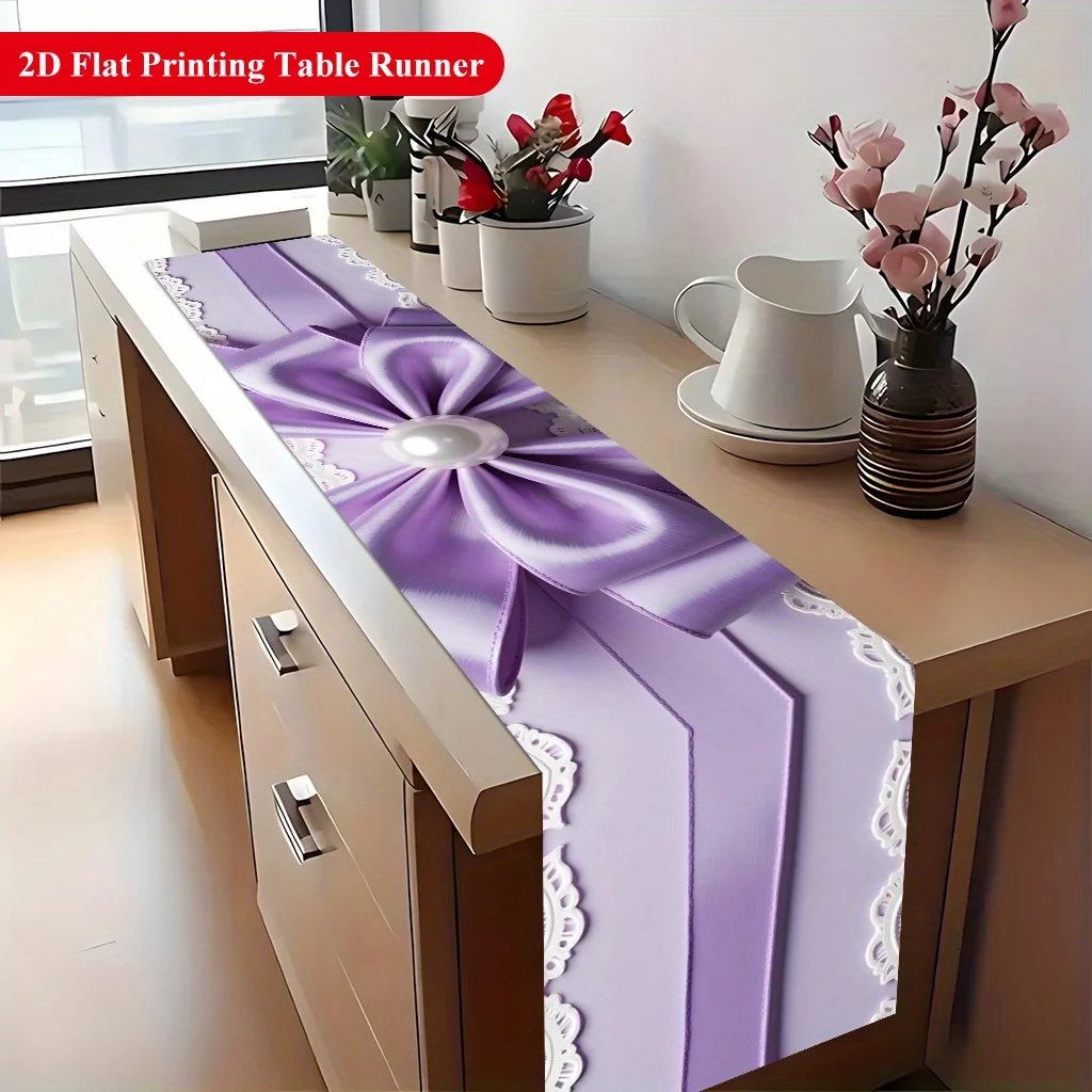 1pc 2D Flat Table Runner, Purple Ribbon and Pearl Printed Rectangle Table Runner, Decor for Dining Table, Coffee Table, Kitchen