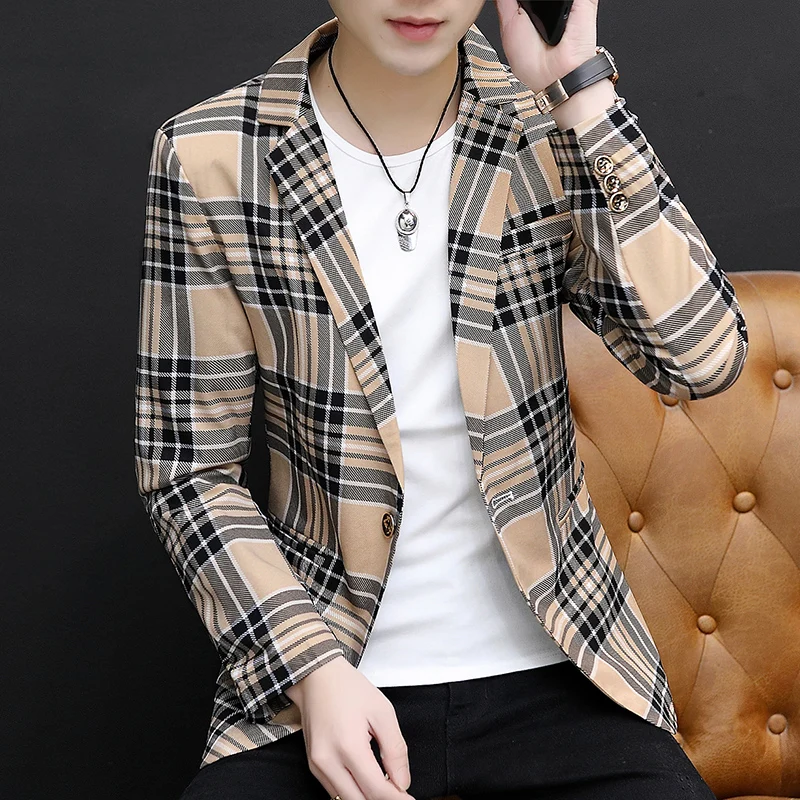 

Plaid Casual Men's Spring Autumn Korean Sle Night Club Versatile Cheered Small Western Clothes Haome Hairdrer