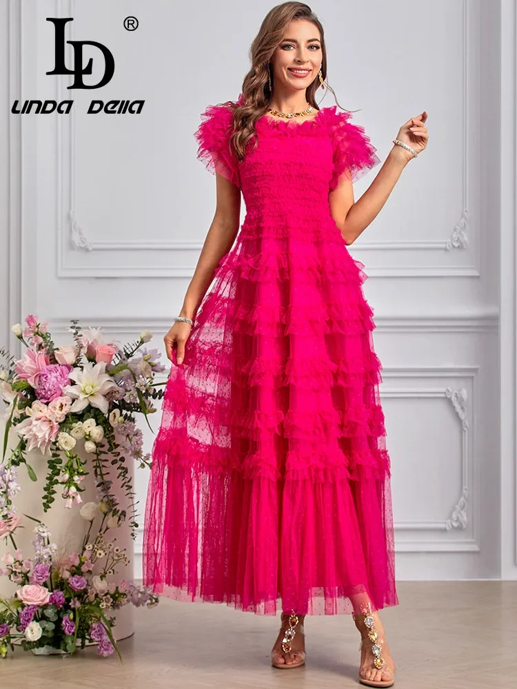 LD LINDA DELLA Summer 2024 luxury Designer Dress for women Temperamen Vintage Polka Dot Print Net Yarn Cascading Ruffle Dresses