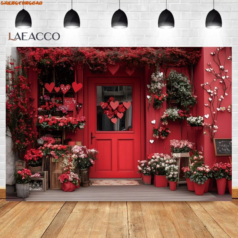 Valentine's Day Red Wooded Door Backdrop Pink Rose Love Heart Wedding Party Bridal Shower Backdrops for Photography Photocall