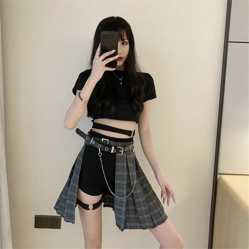 Nieuwe Collectie Women Plisse Skir Hot Koop Korte Punk Meisje Rok Korte Gothic Harajuku Zomer Grijs Plaid Rokken Shorts