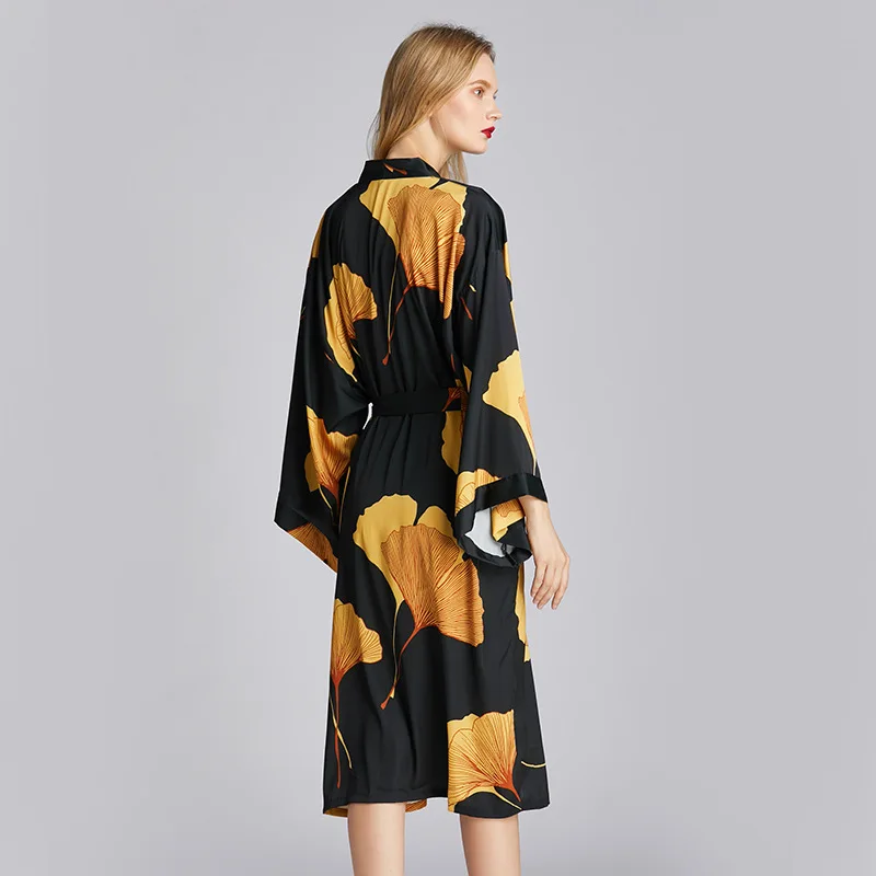 Female Black Long Robe Nightgown Sexy Print Ginkgo Leaf Kimono Bathrobe Gown Sleepwear Spring Summer Loose Satin Home Dress