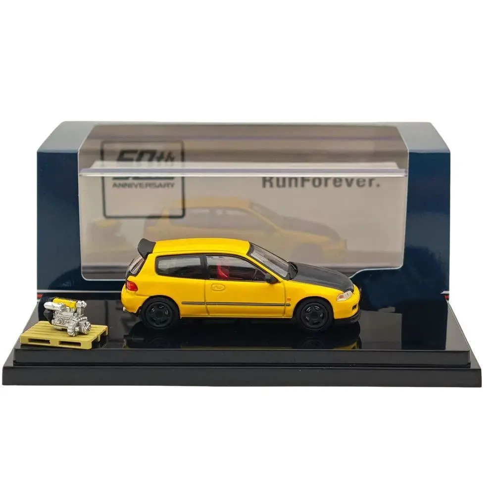 Hobby hj64 1/64 para (eg6) estilo jdm versão personalizada com modelo de exibição de motor amarelo hj642017ay coleção de carros fundidos