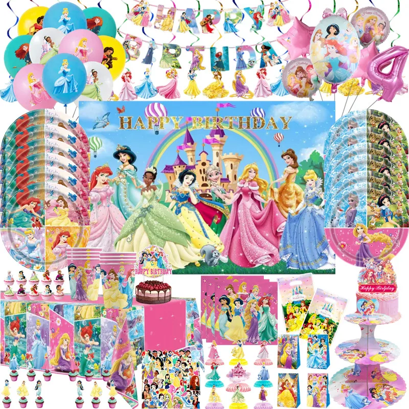 

Disney Princess Happy Girl Child Birthday Theme Party Decoration Set Party Supplies Cup Plate Banner Hat Loot Bag Tablecloth Dec