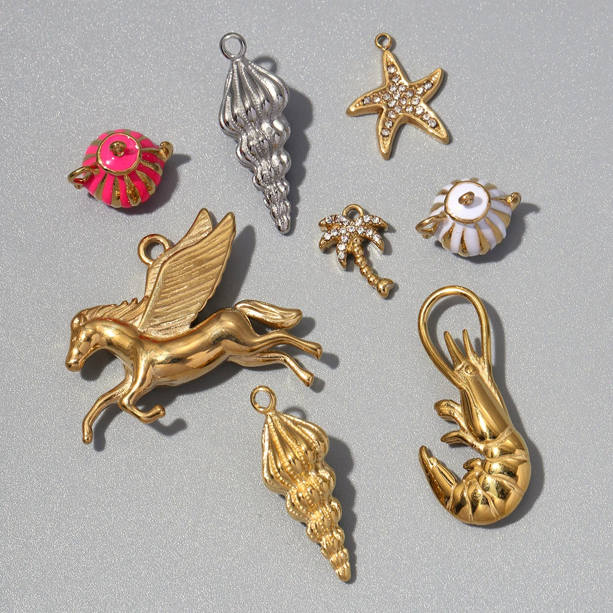 Lot de 3 breloques DIY en acier inoxydable Pégase, palmier, homard, coquillage, étoile de mer, soleil, bouilloire pour la fabrication de bijoux et colliers pour femmes