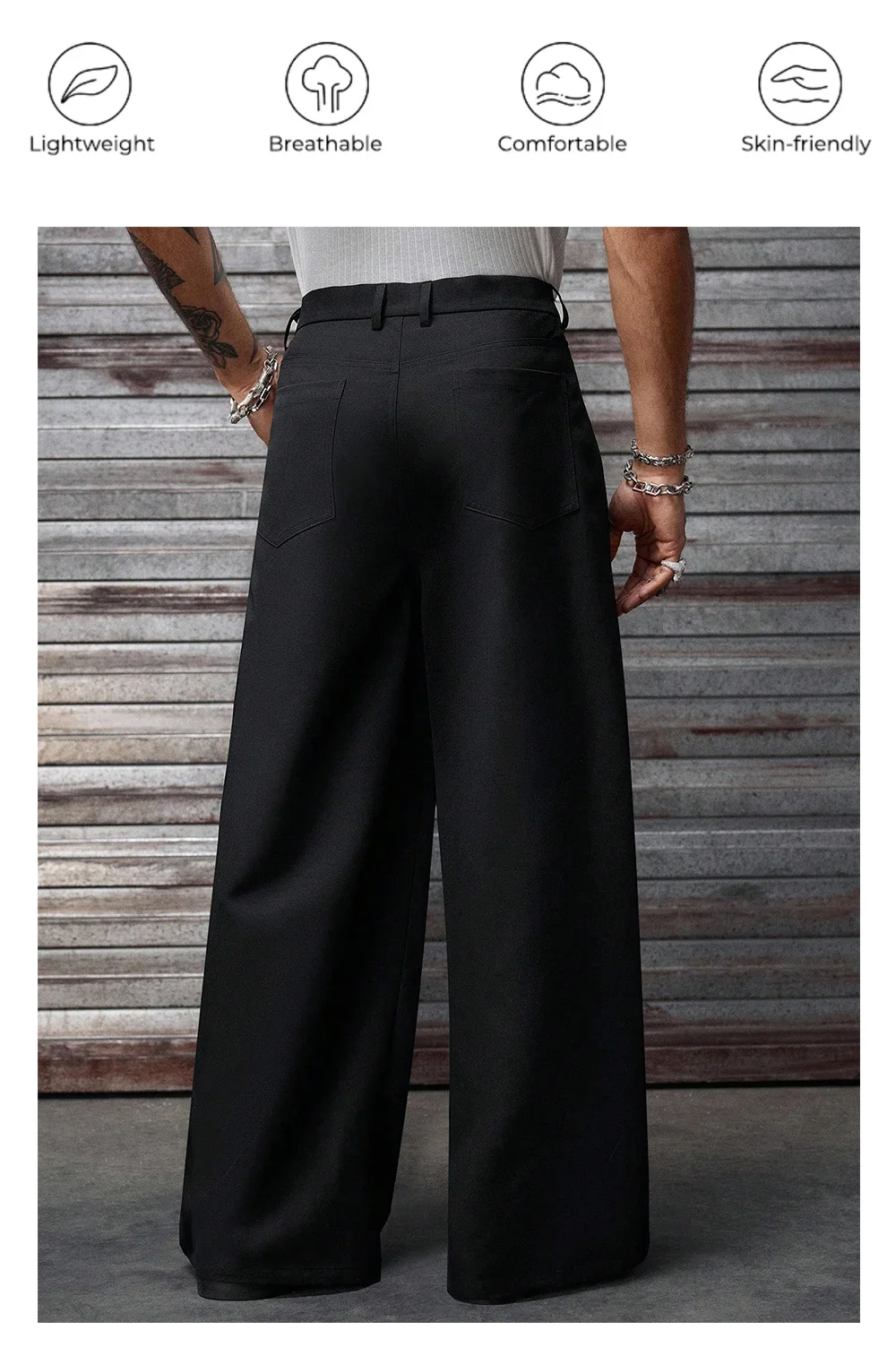Frühling/Sommer Herren Einfarbige Gewebte Hose, Reißverschluss-Dekor, Hohe Taille, Locker Geschnittene Weite Beine, Lässige & Formelle Anzughose für den Täglichen Arbeitsweg – Detail 4