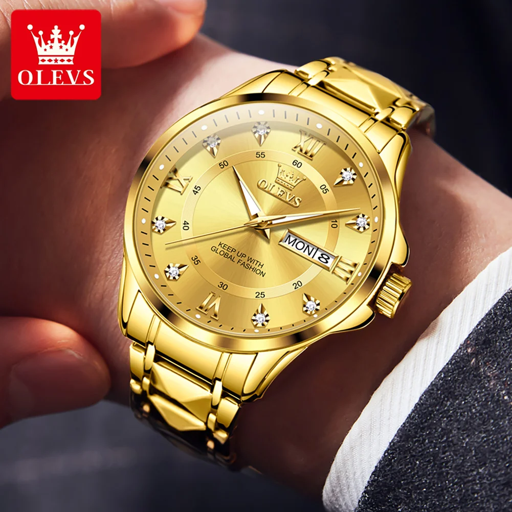 OLEVS Men\'s Watch No.2906 Fashion Business Original Quartz Watches Rhombus Stainless Steel Waterproof Luminous Week Date Display