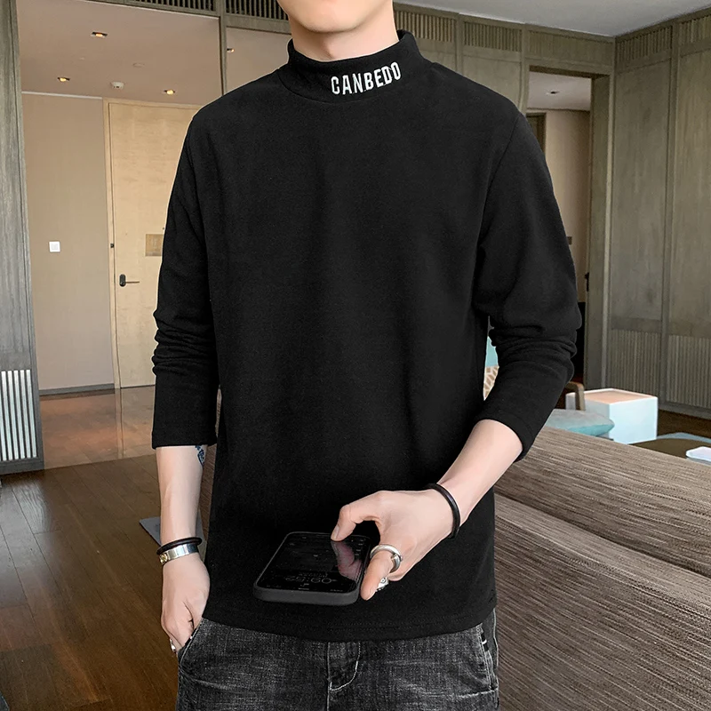 

2023 Men's Autumn and Winter Pullover Half High Collar Pure Cotton Bottom Solid Color Fashion Casual Knitted Long Sleeved Tops