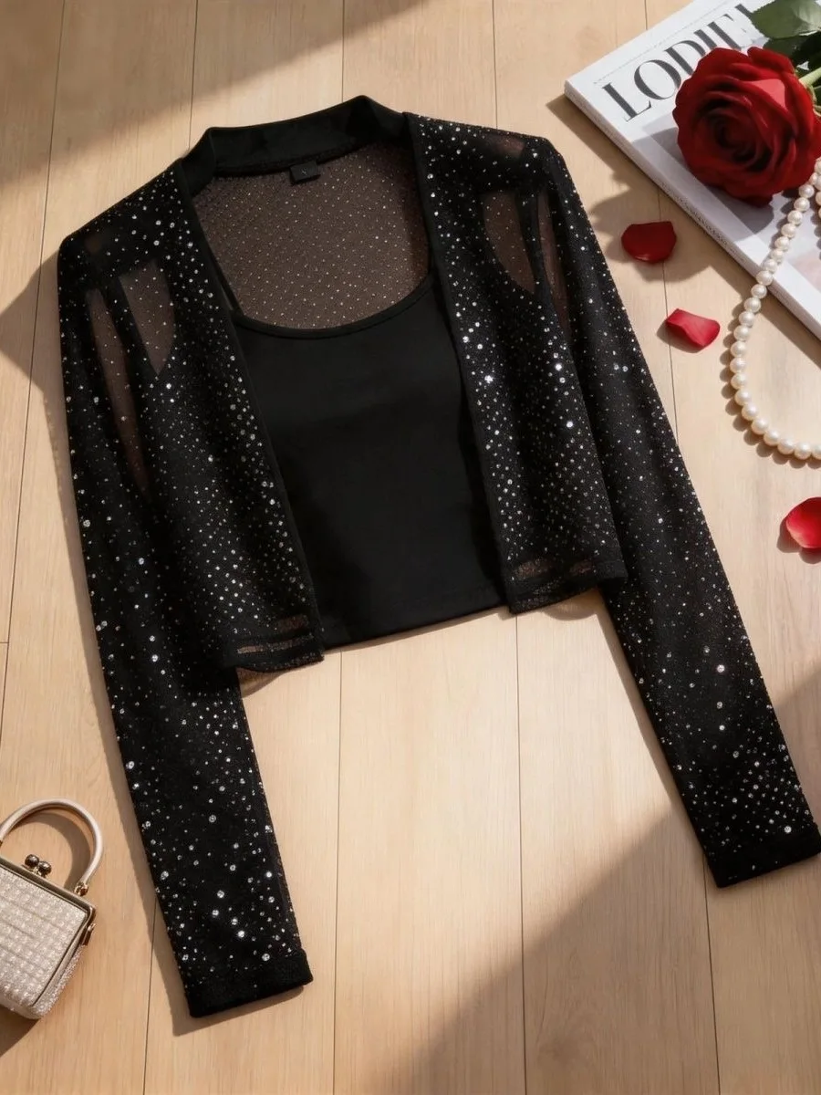 plus Size Women's Star Diamond Embellished Short Mesh Cardigan Shoulder Wrap Jacket Lightweight Breathable Comfortable Fashio...