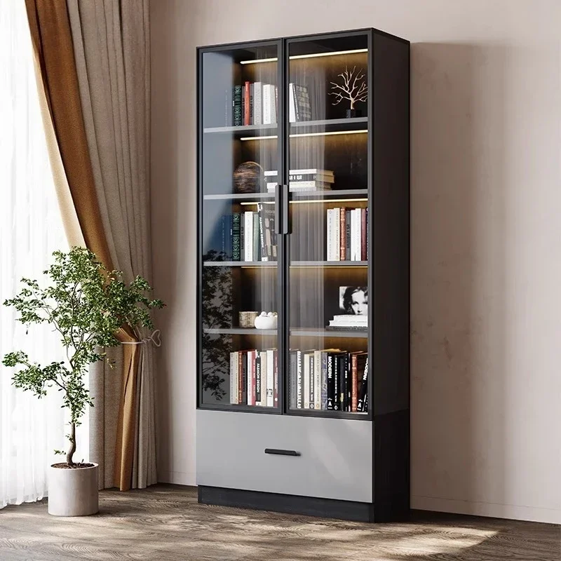 Modern Glass Bookshelf Mini Minimalist Italian Bookcase Study Door Shelf Display Cabinet Lamp