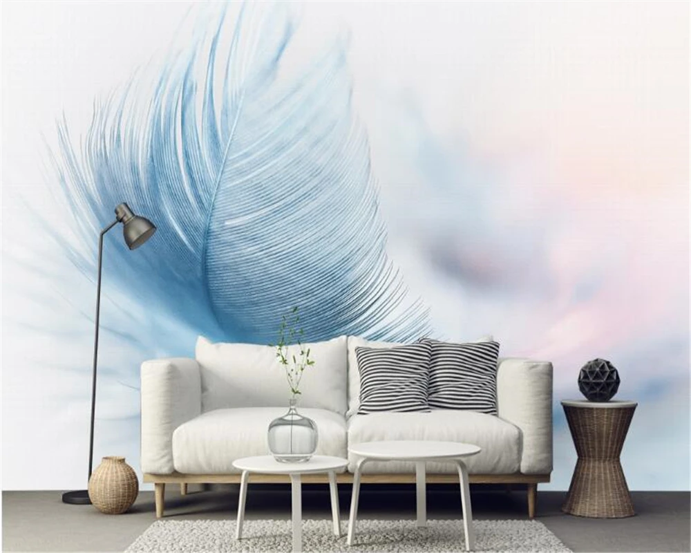 Customized products fashion retro modern minimalist aesthetic blue feather wallpaper TV background wall 3d bedroom restaurant