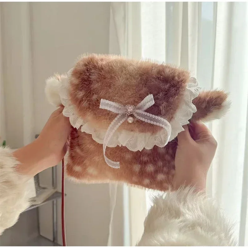 Japanische Hirsch gefleckte Band Plüsch Unterarm Umhängetasche, Mori Girl Elch flauschige Frauen Geldbörse, Winter süße Woodland Fairycore Handtasche – Detail 33