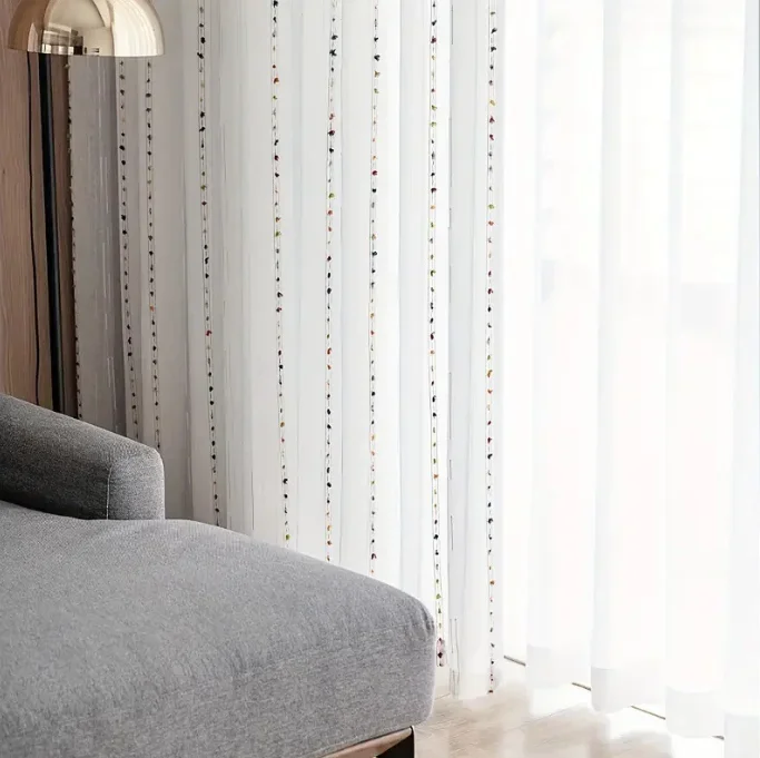 New Nordic Simple Double Row Furry Ball Rainbow Vertical Strip Curtains Living Room Bedroom Curtains