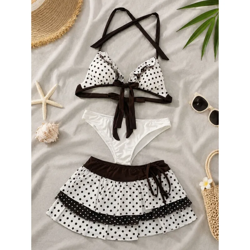 Women Vintage Polka Dot Halter Skirted Bikini 3 Piece Set White Brown Contrast Bow Ruffle Tiered Skirt Tummy Control Swimsuit