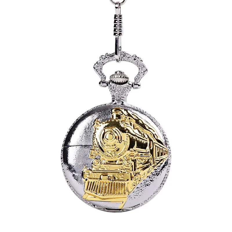 1032Vintage Luxury Silver and Gold Large Locomotive Open White Digital Pocket Watch with Chain