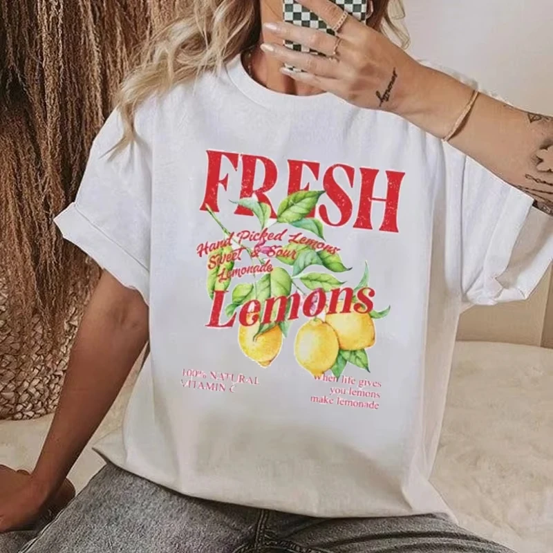 

Vintage Aesthetic Citrus Fruit Tshirt Botanical Lemon Printed Women's T-Shirts Female Cute Graphic Tees Short Sleeve Cotton Tops