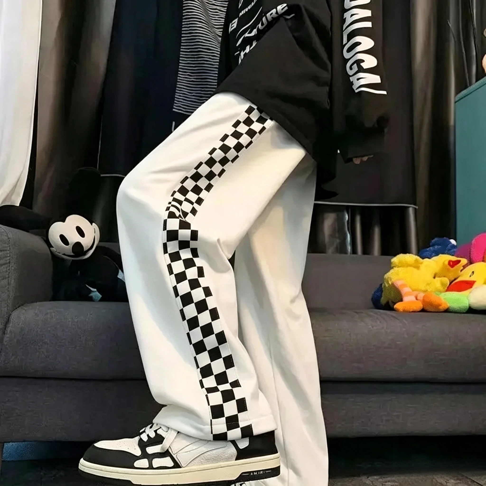 Men Women Unisex Quick Dry Checkerboard Long Pants Loose Straight‑Leg Casual Trousers Outdoor Hip‑hop Streetwear Sweatpants