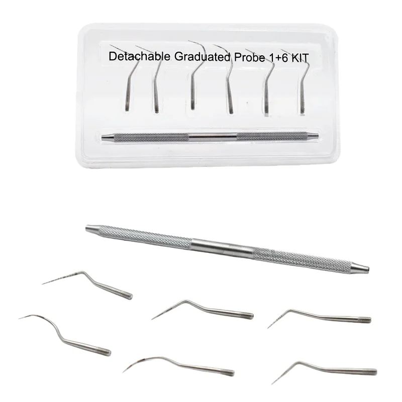 

Stainless Steel Detachable Graduated Probe with 6 Tips Double Ended Periodontal Probe with Scale Autoclavable Perio Explorer