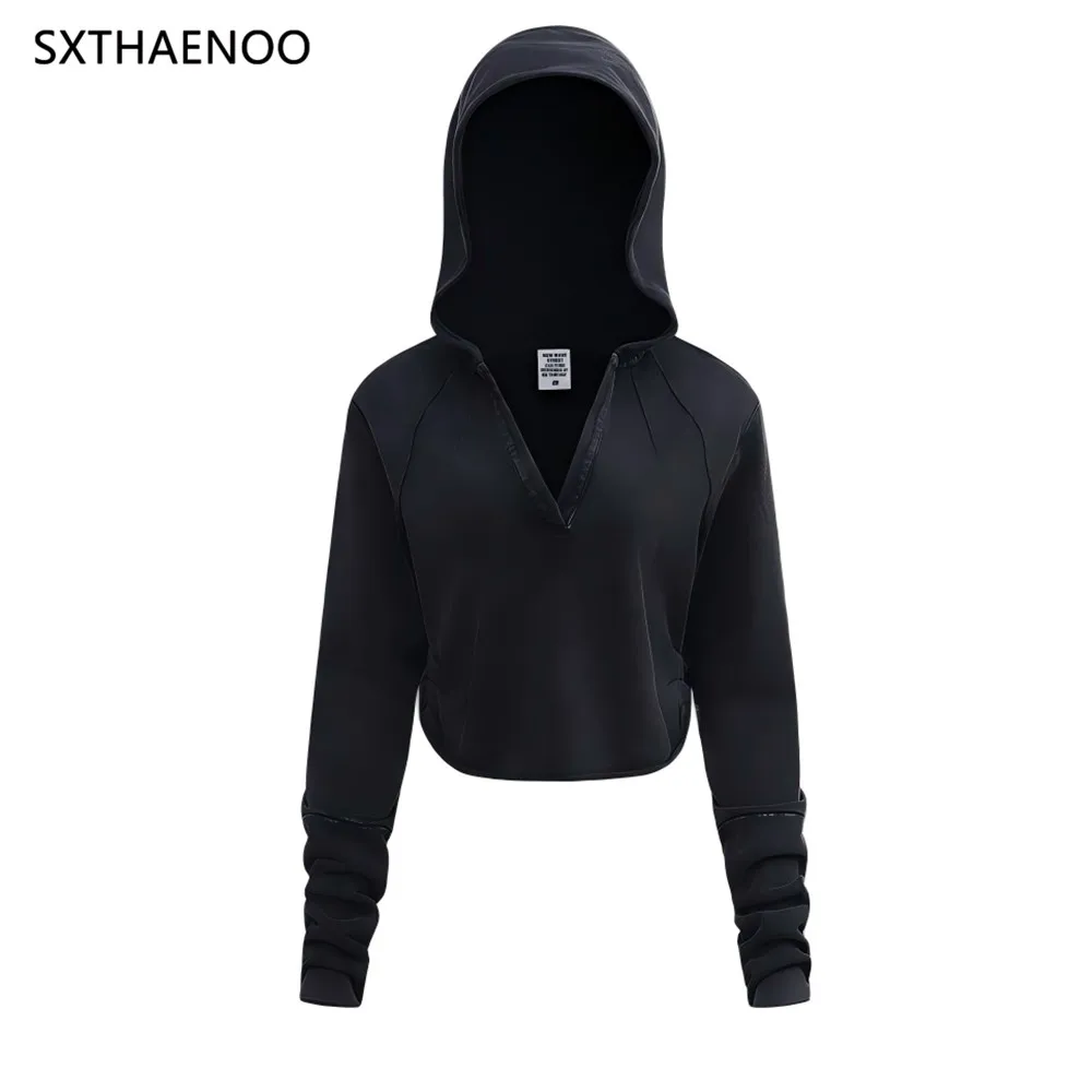 SXTHAENOO 2025 خريف جديد الأوروبية والأمريكية الرجعية التوابل فتاة الخامس الرقبة مطوي قصيرة مقنعين قميص قطني بكم طويل Soild تي شيرت المرأة #4