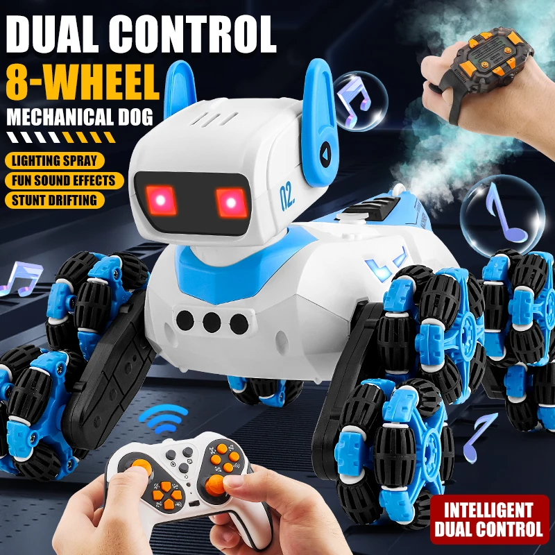 F01 2.4G Eight-Wheel Mechanical Dog RC Stunt Car - Spray & Omnidirectional Movement, Kids' Birthday Gift
