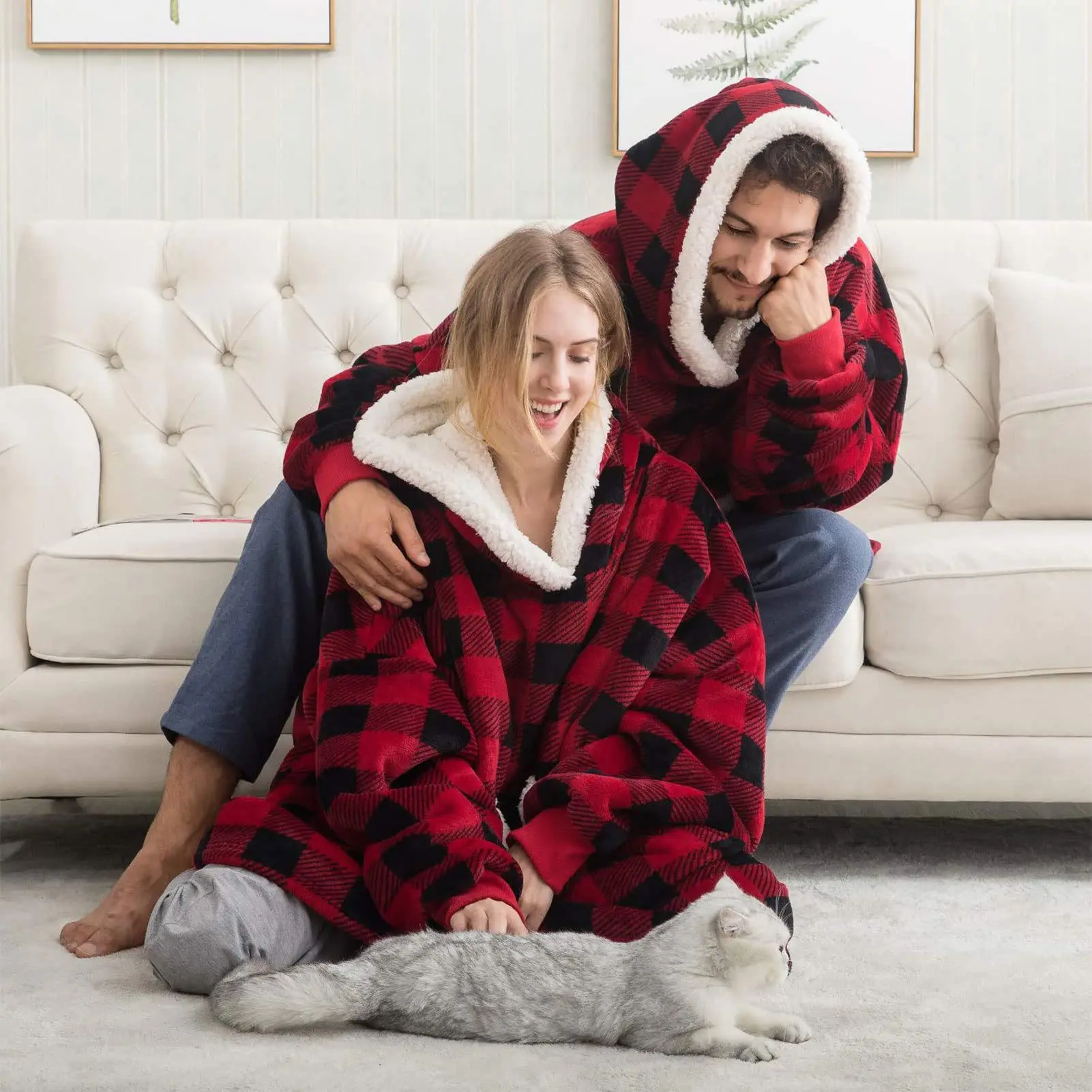 Oversized Hoodie Wearable Blanket, Sherpa Lined Flannel Blanket Hoodie with Pocket Elastic Cuff, One Size Warm Cozy Hooded