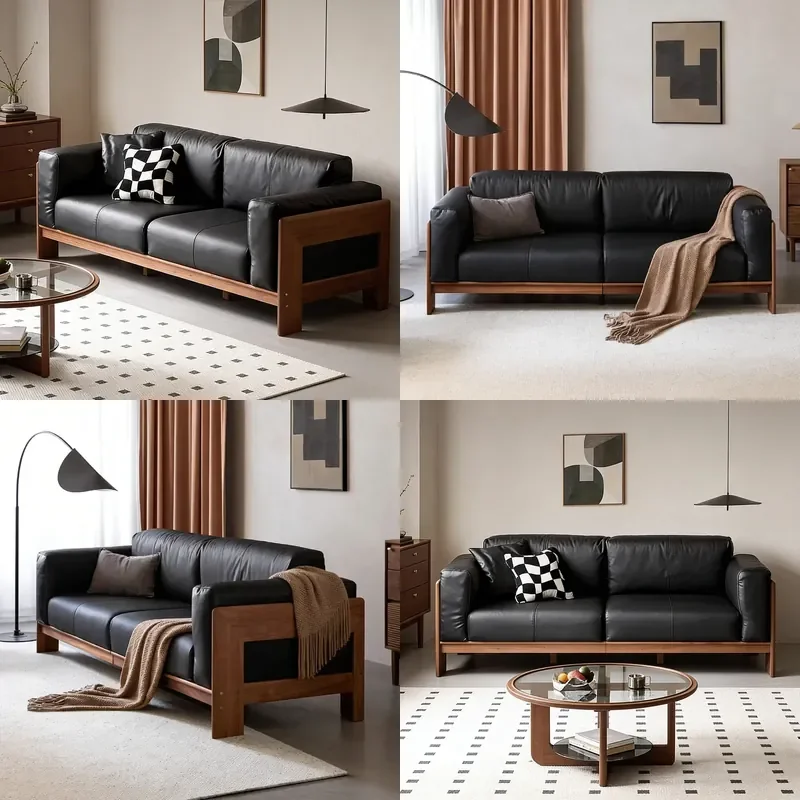 Du Zefan Full Green Leather Sofa Solid Wood Medium Antique Black Small Apartment Module New Living Room Semi-Green