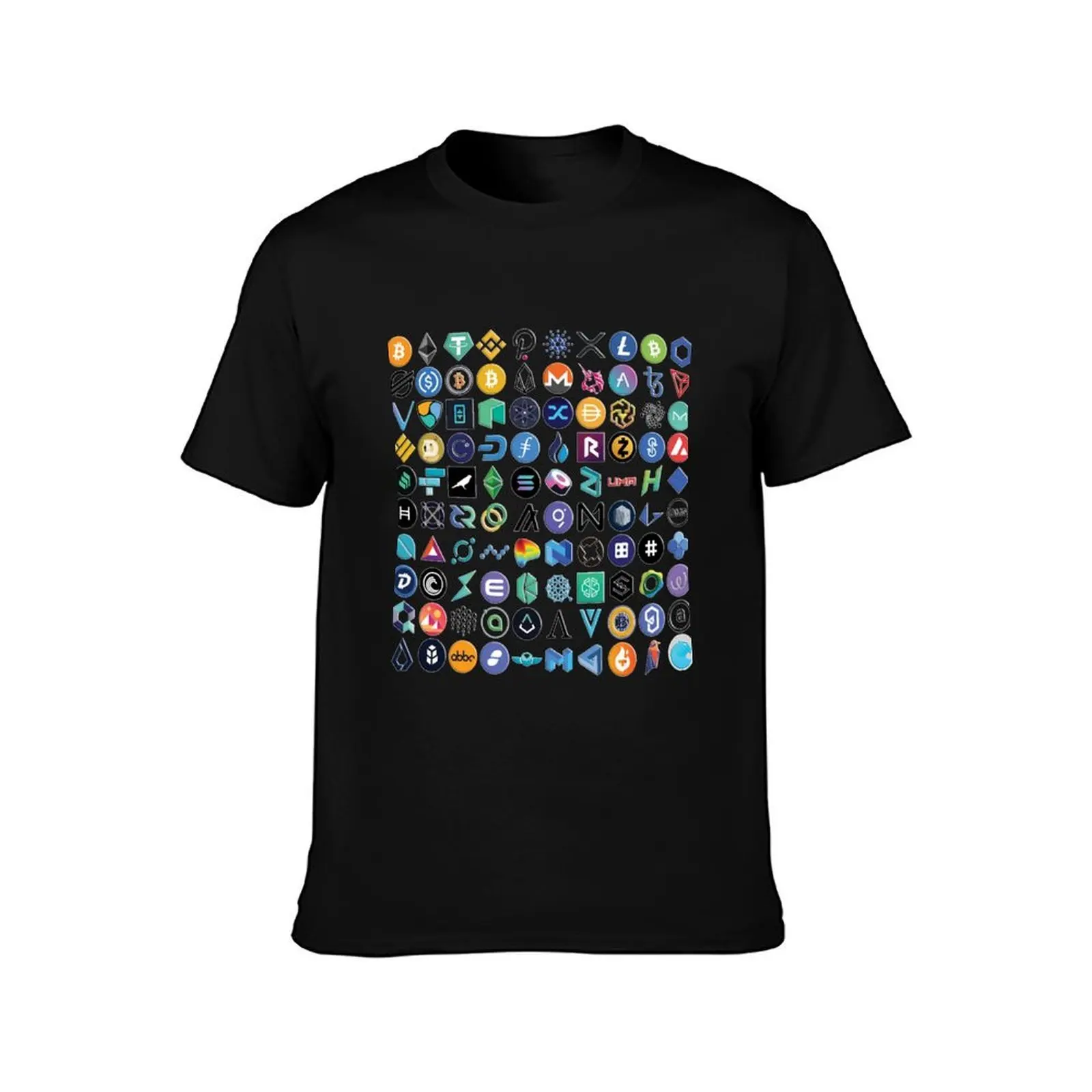 Crypto Logos 3D on Black T-Shirt, Summer Casual Cotton Tee, Oversized Streetwear Tops, Vintage Graphic Print, Unisex Men Women