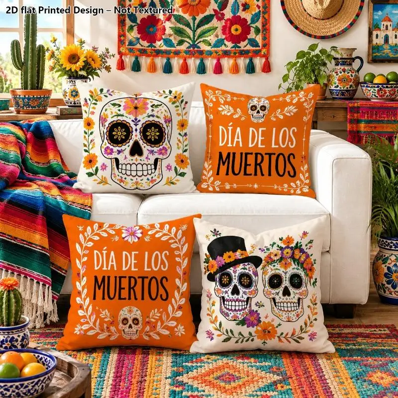 Printed Design - Not Textured Day of The Dead Themed Pillowcases, 4pcs, Skull And Floral Printed Patterns
