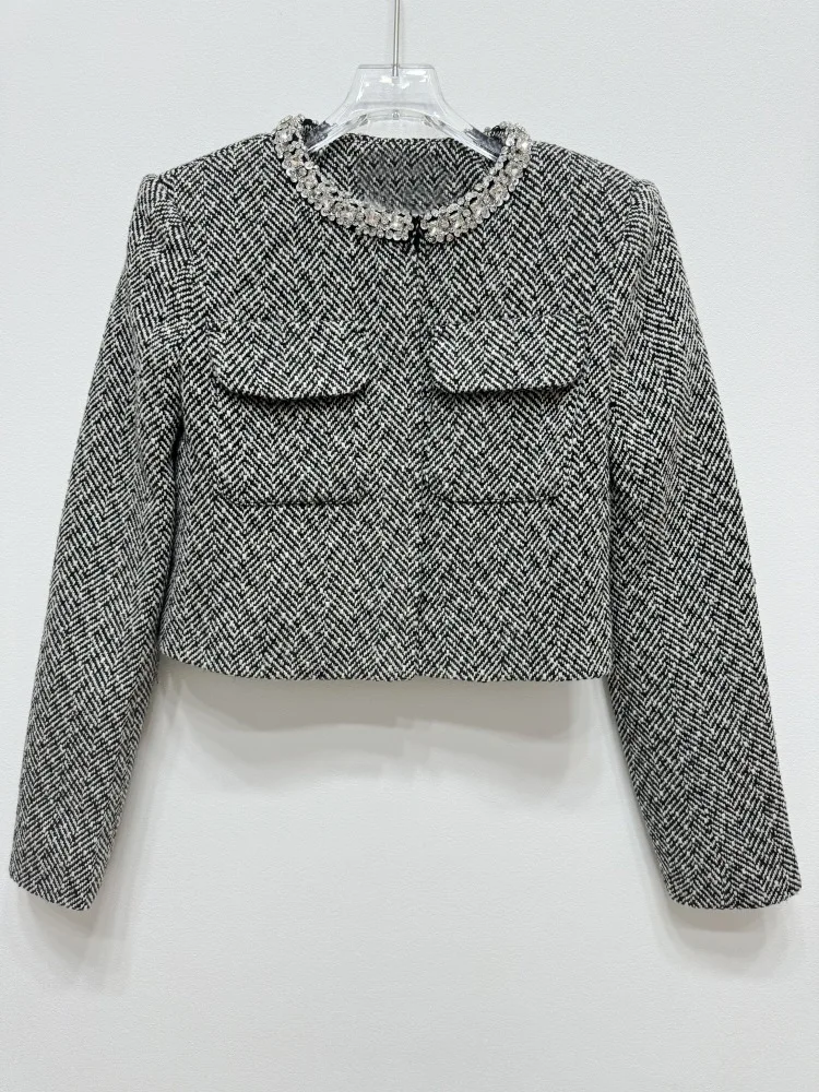 Quality Autumn Winter Diamonds Chain Tweed Two Piece Set Women Jackets Grey Suit Coats A Line Short Skirts 2pcs Outfits