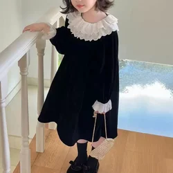 Autumn Girls' Velvet Lace Collar Long Sleeve Dress 2024 Winter New Outfit Undercover Princess Dress Kids Dresses for Girls