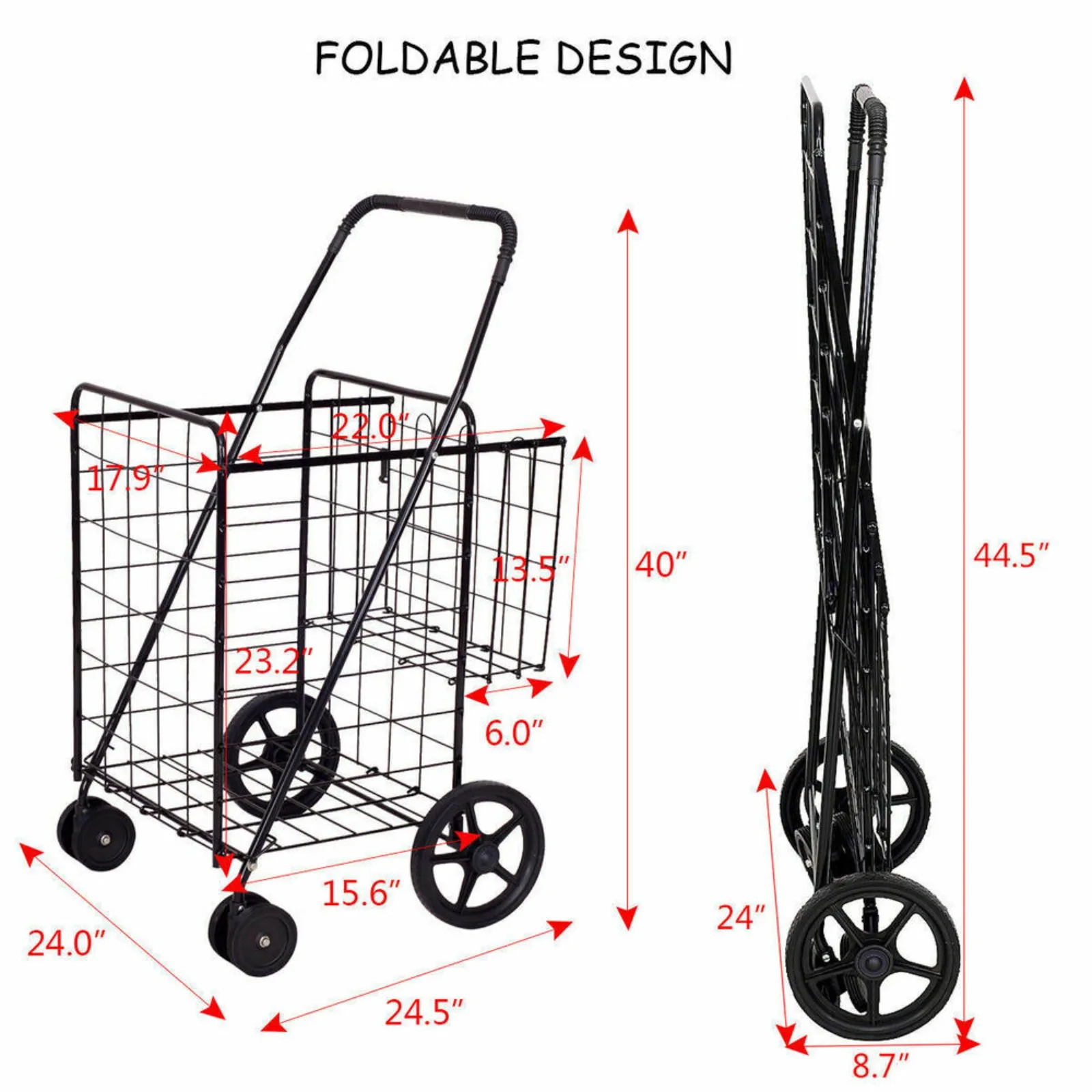 US Folding Shopping Cart with Spinning Wheels, Giant Basket, Groceries Laundry Travel, New