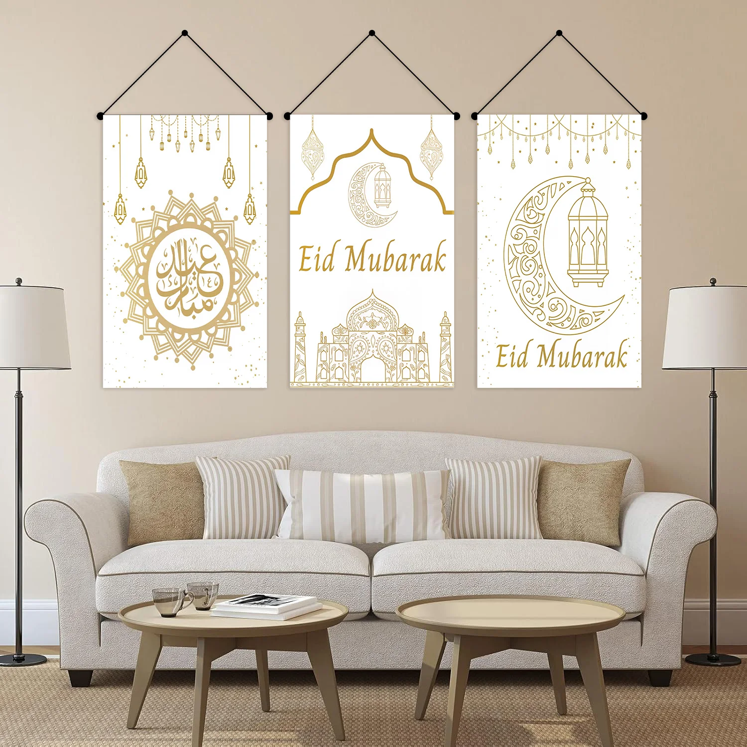 3 قطع من لافتة عيد الفطر الذهبية المعلقة لتزيين الحفلات، ديكور مهرجان العطلات، لافتة نجمة القمر، هدية للأطفال والكبار