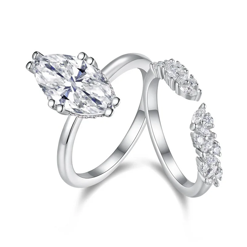 2Pcs 3ct 7*14mm D Color Moissanite Engagement Ring for Women 925 Sterling Silver Gold Plated Solitaire Rings Wholesale