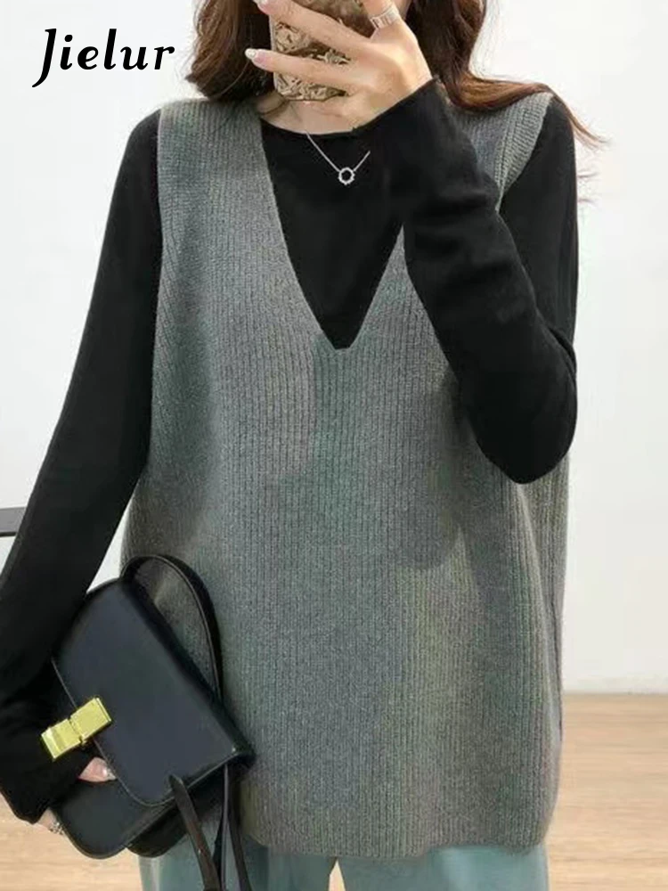 Jielur New Korean Style Sleeveless Knitting V-neck Female Sweater Vest Loose Casual Office Ladies Autumn Women\'s Sweater Vest